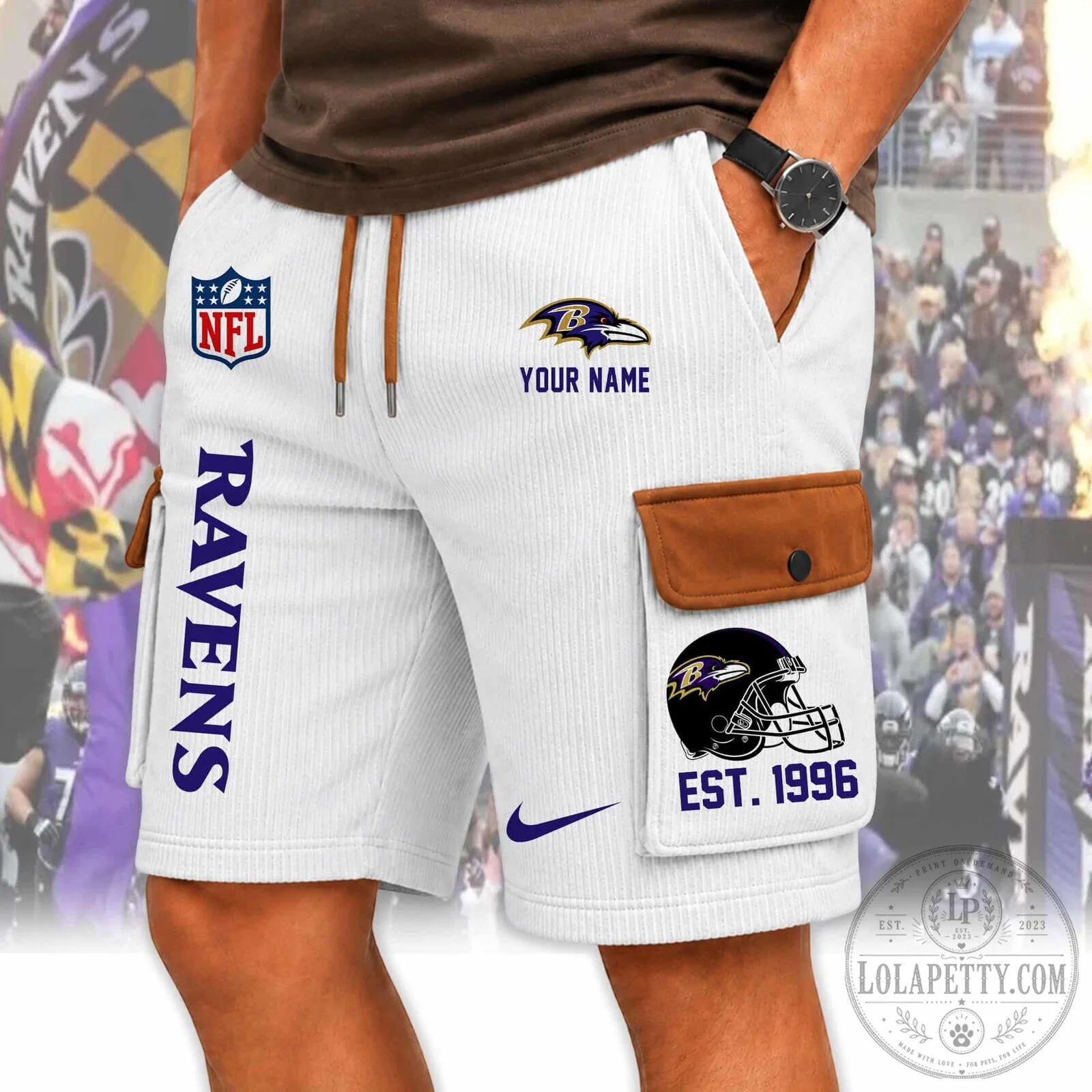 Baltimore Ravens NFL Team Logo Custom Name White Cargo Shorts for Men