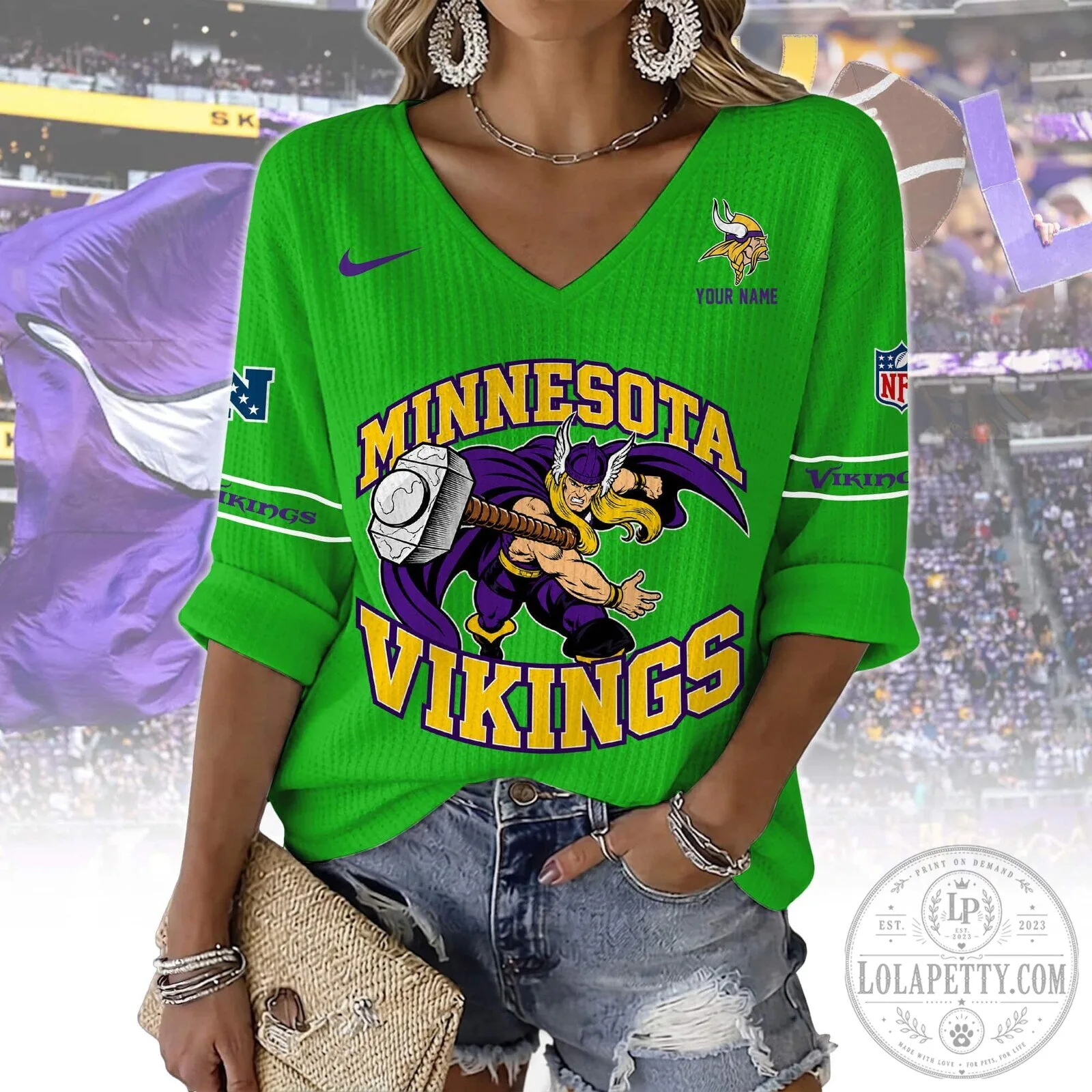 Minnesota Vikings Thor Hammer Women's V-Neck Long-Sleeve Shirt