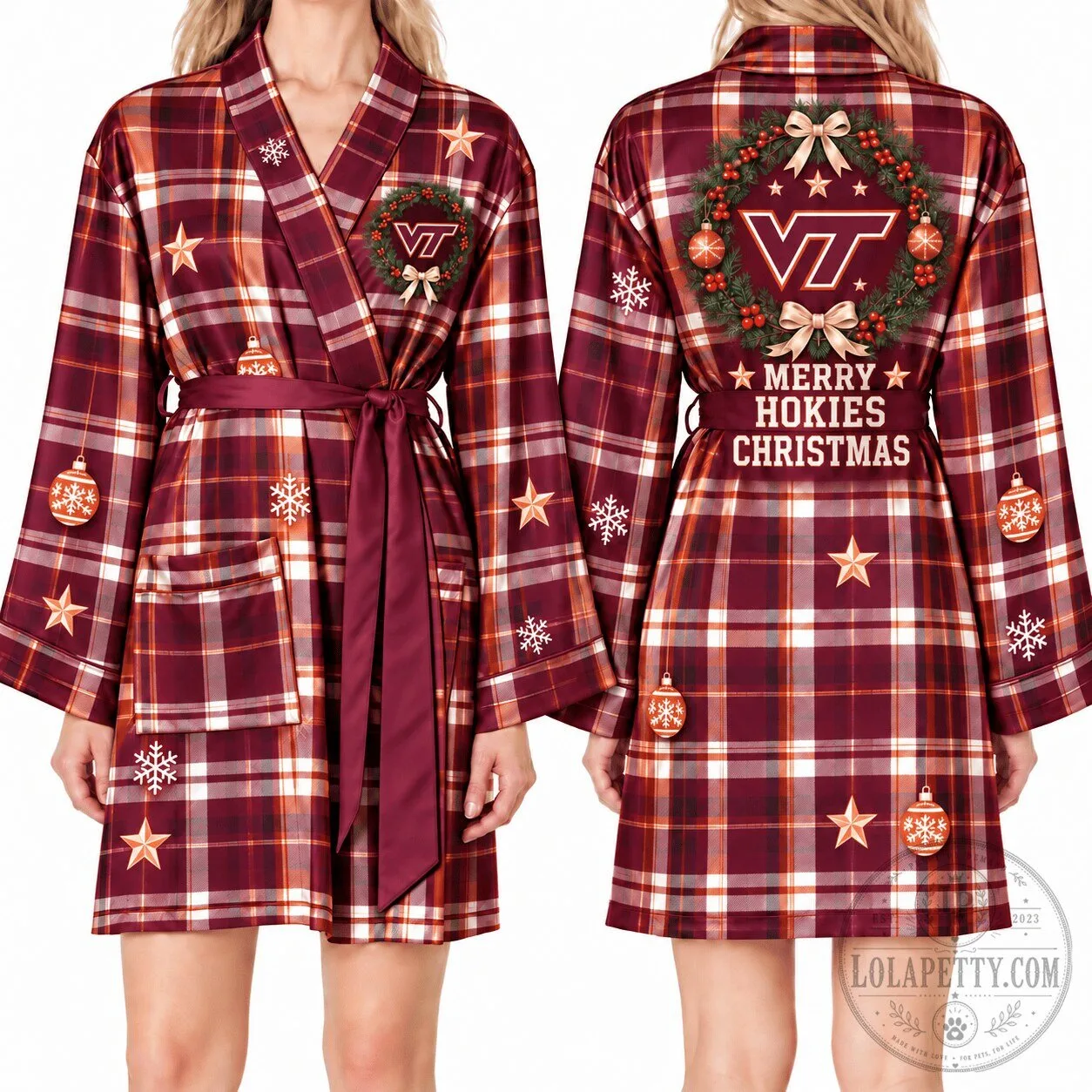 Virginia Tech Hokies Merry Christmas Plaid Satin Robe