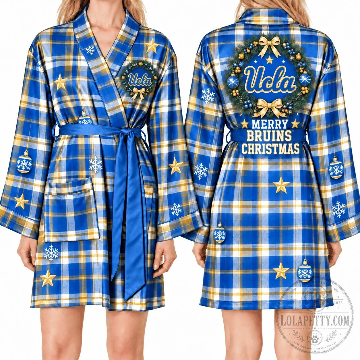 UCLA Bruins Merry Christmas Plaid Pattern Relaxed Fit Satin Robe