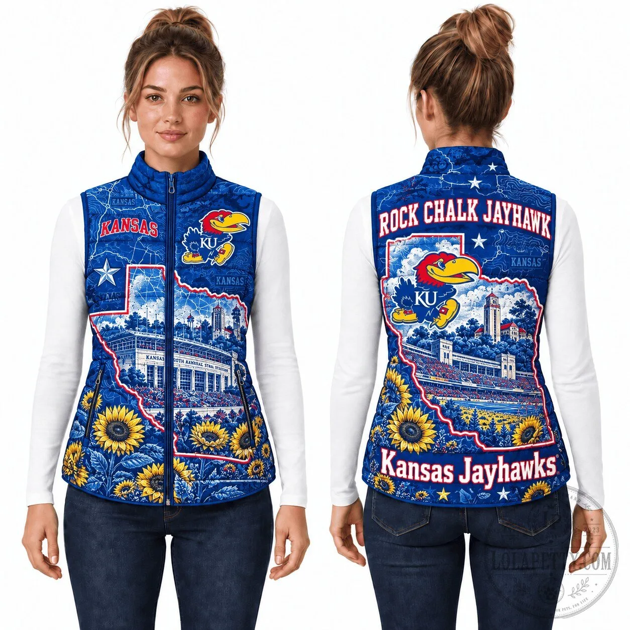 Kansas Jayhawks Rock Chalk Jayhawk State Map Puffer Vest