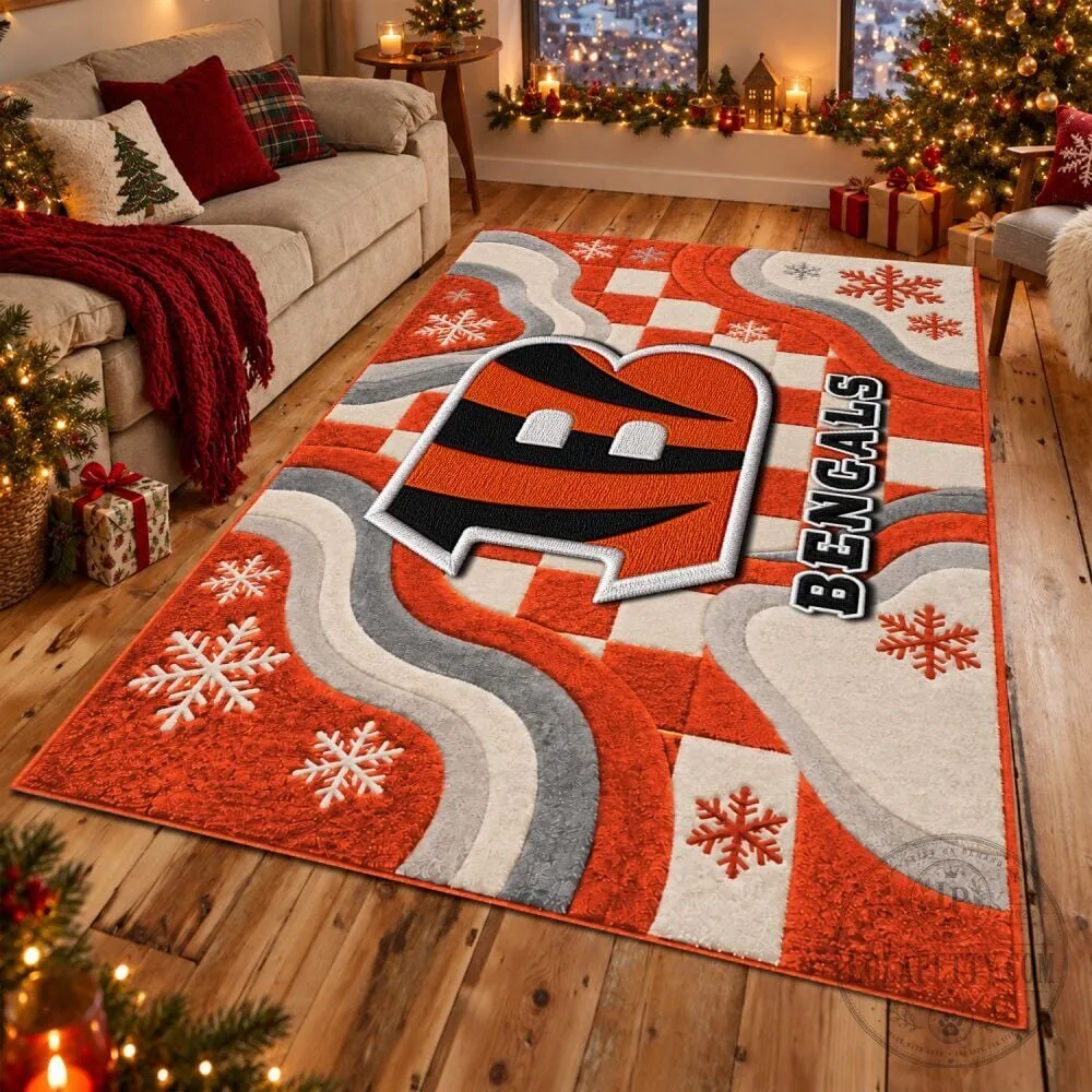 Cincinnati Bengals Christmas Snowflakes Checkerboard Pattern Area Rug