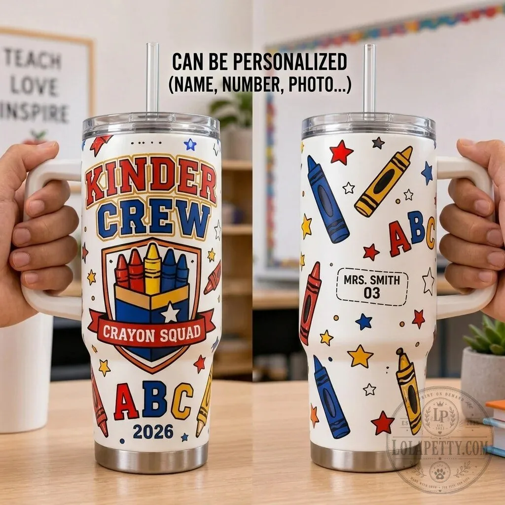 Kinder Crew Crayon Squad Personalized Teacher Appreciation 40oz Tumbler with Handle 3 Kinder Crew Crayon Squad Personalized Teacher Appreciation 40oz Tumbler with Handle