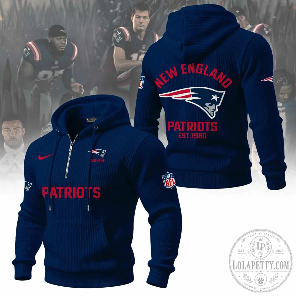 New England Patriots NFL Football Team Navy Blue Quarter-Zip Hoodie New England Patriots NFL Football Team Navy Blue Quarter-Zip Hoodie