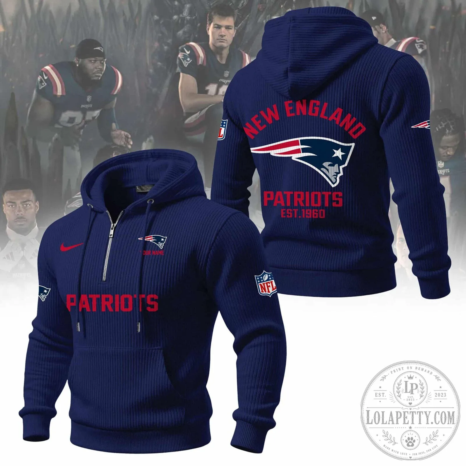 New England Patriots NFL Football Team Navy Blue Quarter-Zip Hoodie 12 New England Patriots NFL Football Team Navy Blue Quarter-Zip Hoodie