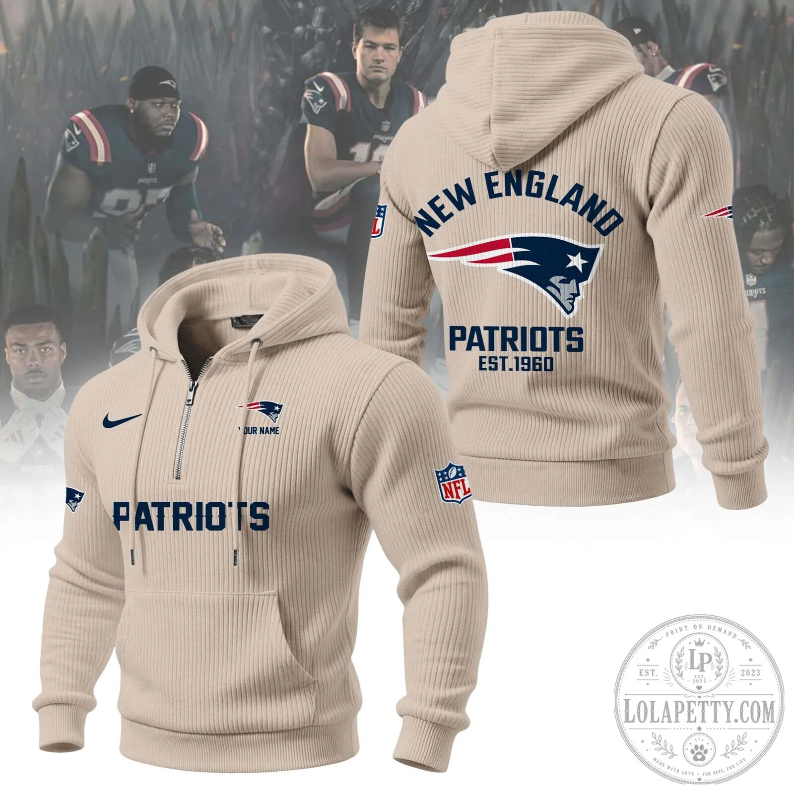 New England Patriots NFL Football Team Navy Blue Quarter-Zip Hoodie 13 New England Patriots NFL Football Team Navy Blue Quarter-Zip Hoodie