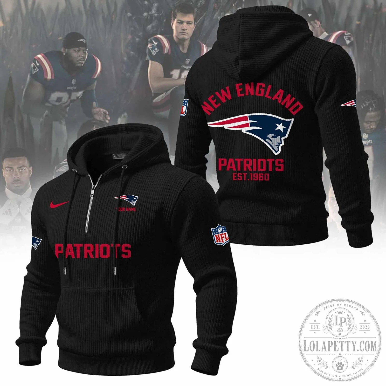 New England Patriots NFL Football Team Navy Blue Quarter-Zip Hoodie 16 New England Patriots NFL Football Team Navy Blue Quarter-Zip Hoodie
