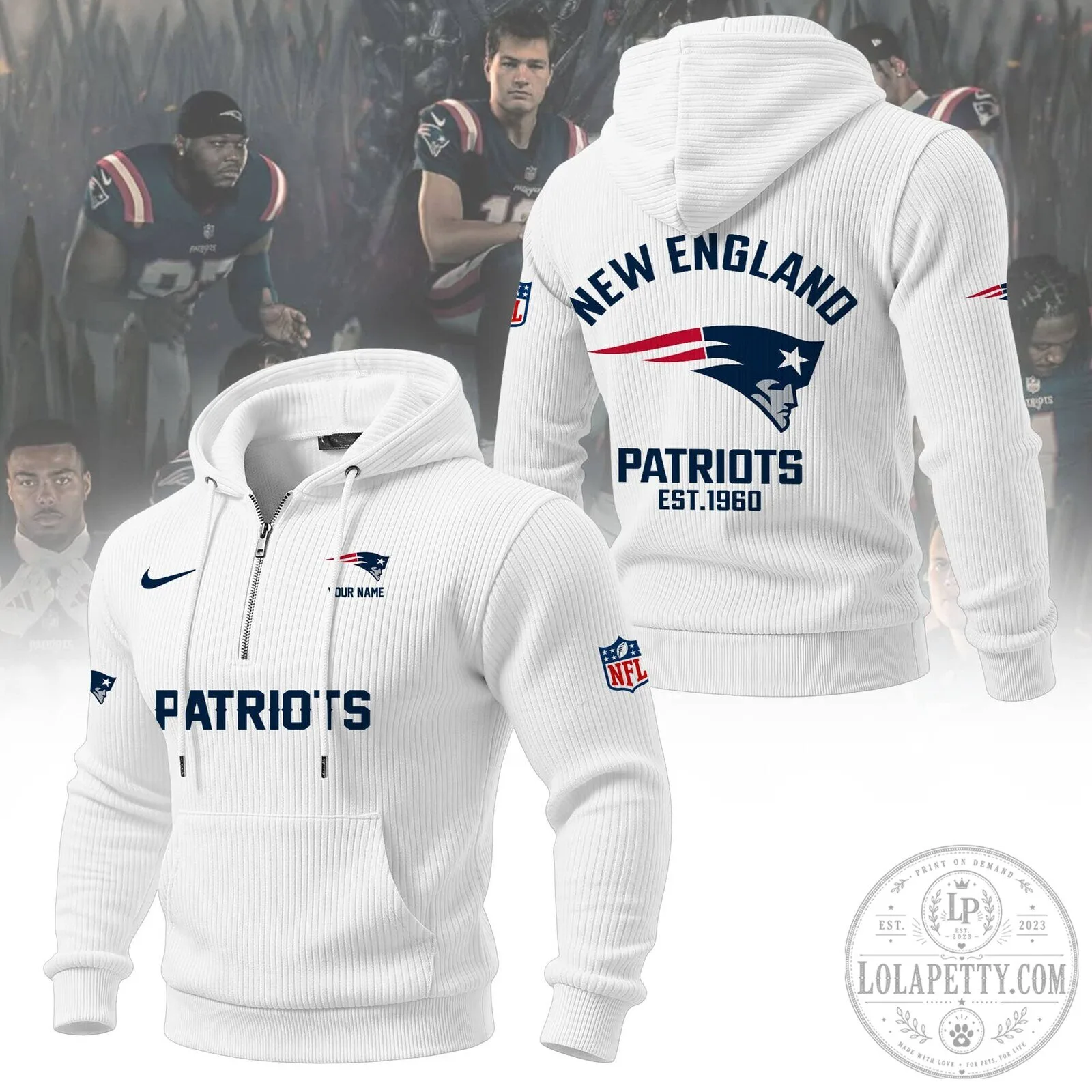New England Patriots NFL Football Team Navy Blue Quarter-Zip Hoodie 17 New England Patriots NFL Football Team Navy Blue Quarter-Zip Hoodie
