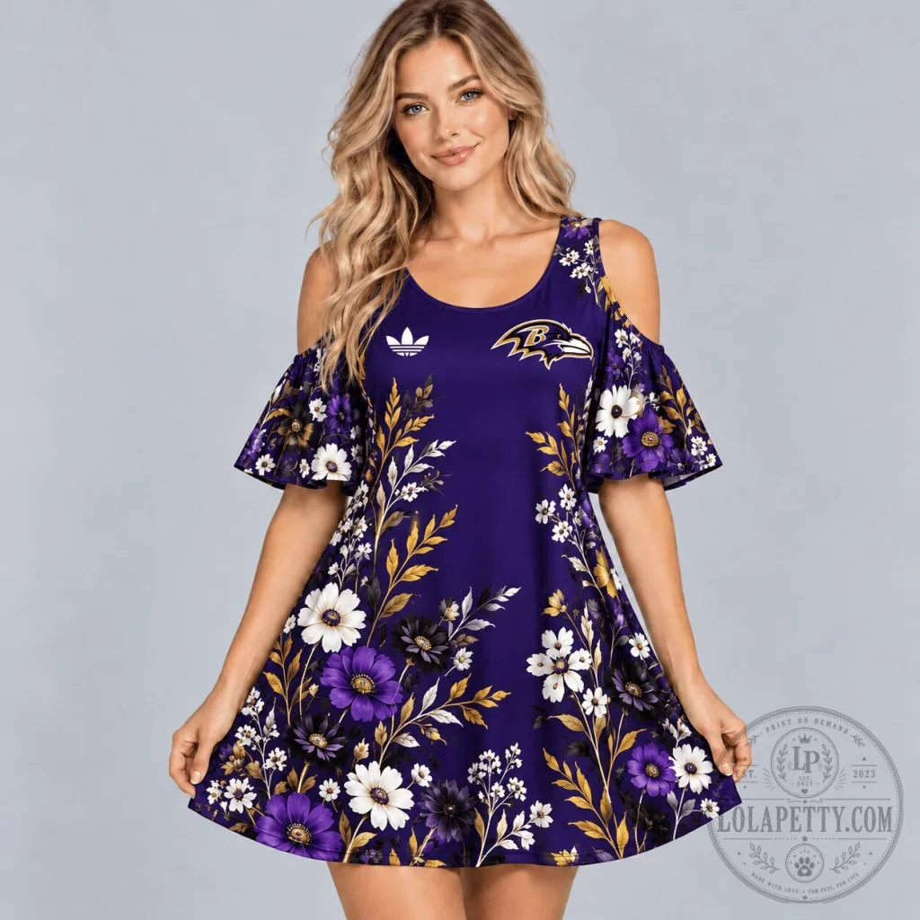 Baltimore Ravens Elegant Floral Print Cold Shoulder Ruffle Sleeve Mini Dress Baltimore Ravens Elegant Floral Print Cold Shoulder Ruffle Sleeve Mini Dress