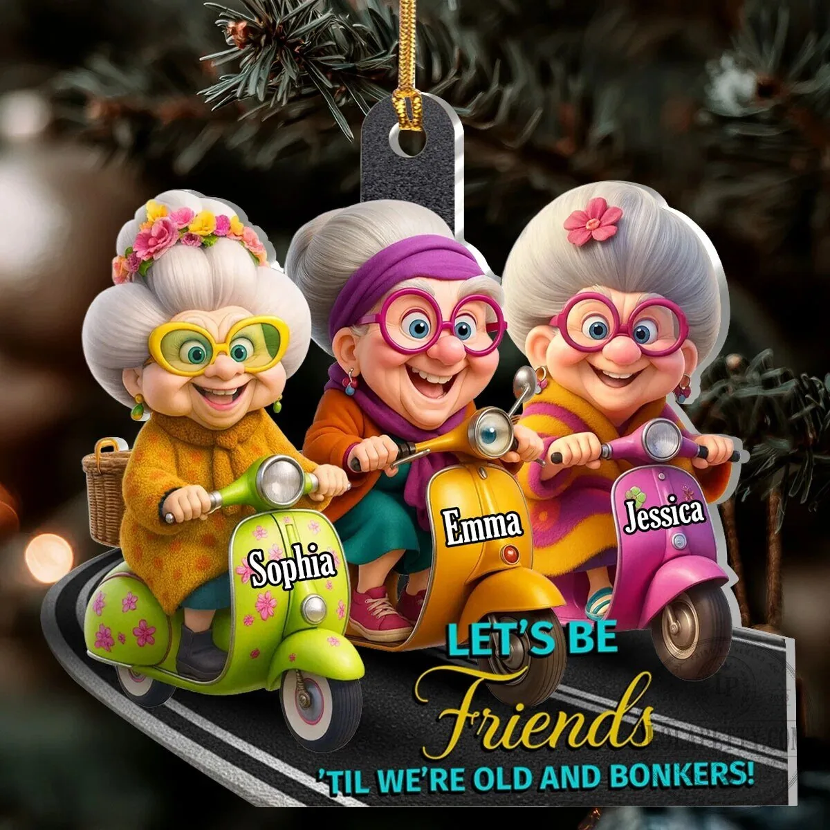 Personalized Old Friends On Scooters Christmas Tree Ornament 16 Personalized Old Friends On Scooters Christmas Tree Ornament