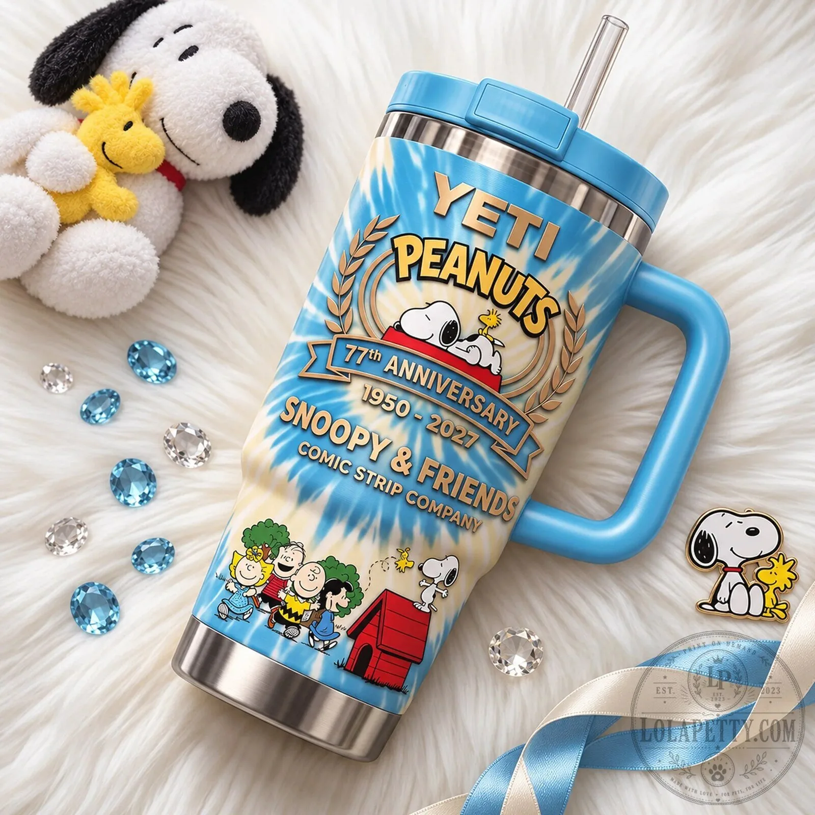 Snoopy Peanuts 77th Anniversary Blue Tie-Dye Stainless Steel Tumbler 6 Snoopy Peanuts 77th Anniversary Blue Tie-Dye Stainless Steel Tumbler