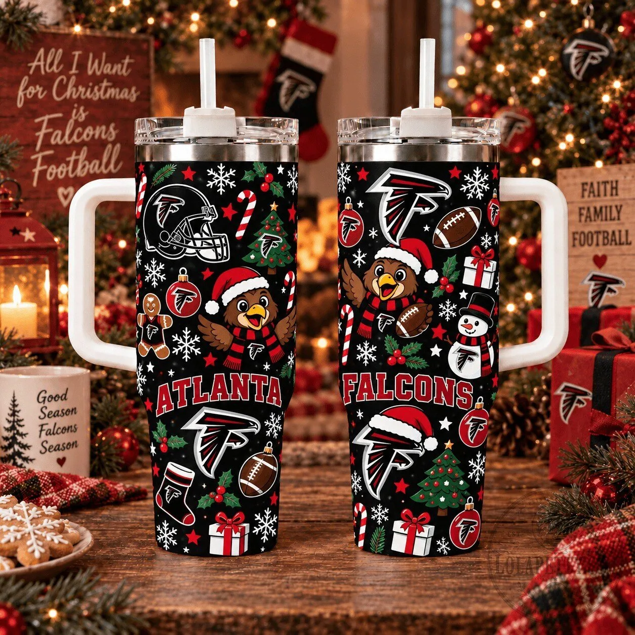 Atlanta Falcons Christmas Football Holiday 40oz Stainless Steel Tumbler with Handle