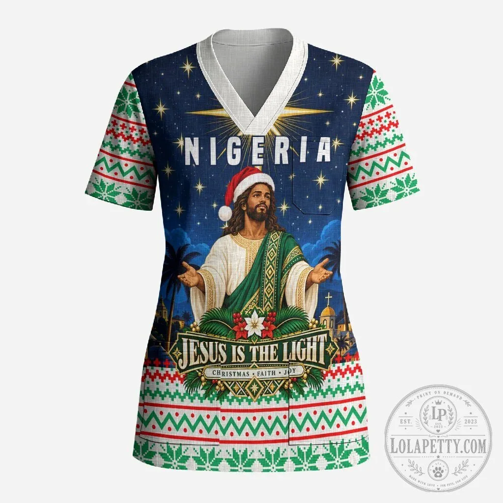 Nigeria Jesus Is The Light Christmas Faith Joy Holiday Scrub Top 4 Nigeria Jesus Is The Light Christmas Faith Joy Holiday Scrub Top