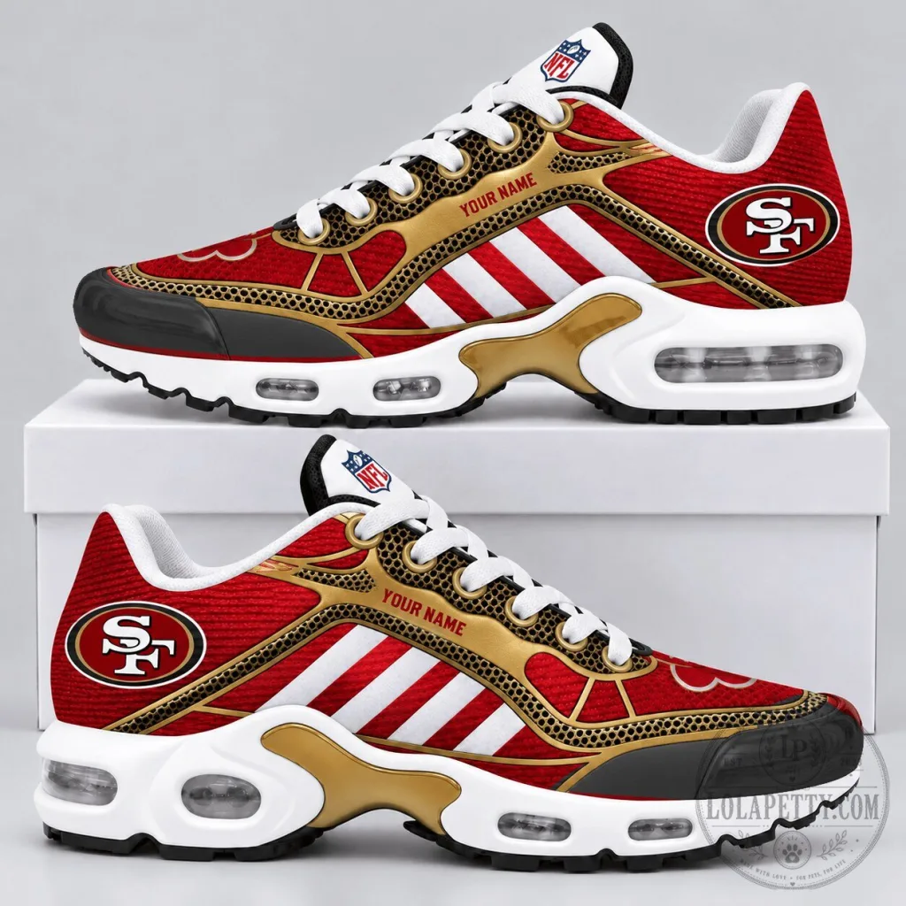 San Francisco 49ers Personalized Diagonal Stripe Red and Gold Air Max Shoes San Francisco 49ers Personalized Diagonal Stripe Red and Gold Air Max Shoes